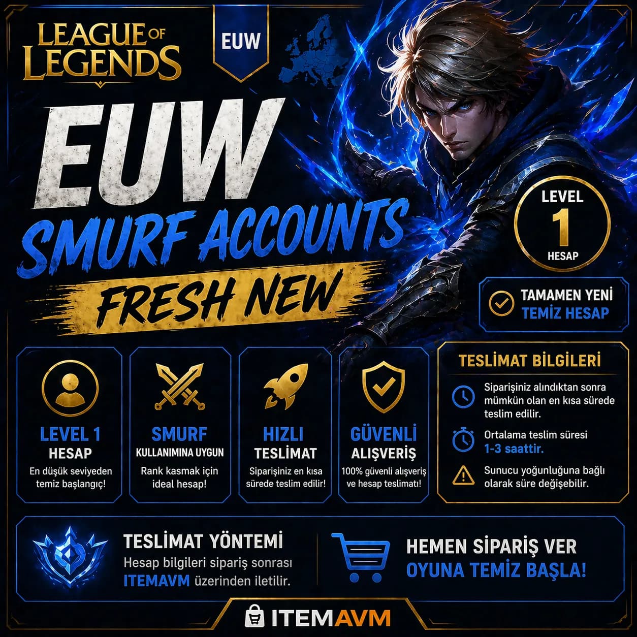 🎮 LoL EUW Hesap 🚀 Level 1 Fresh Smurf ⚡ Anında Teslim