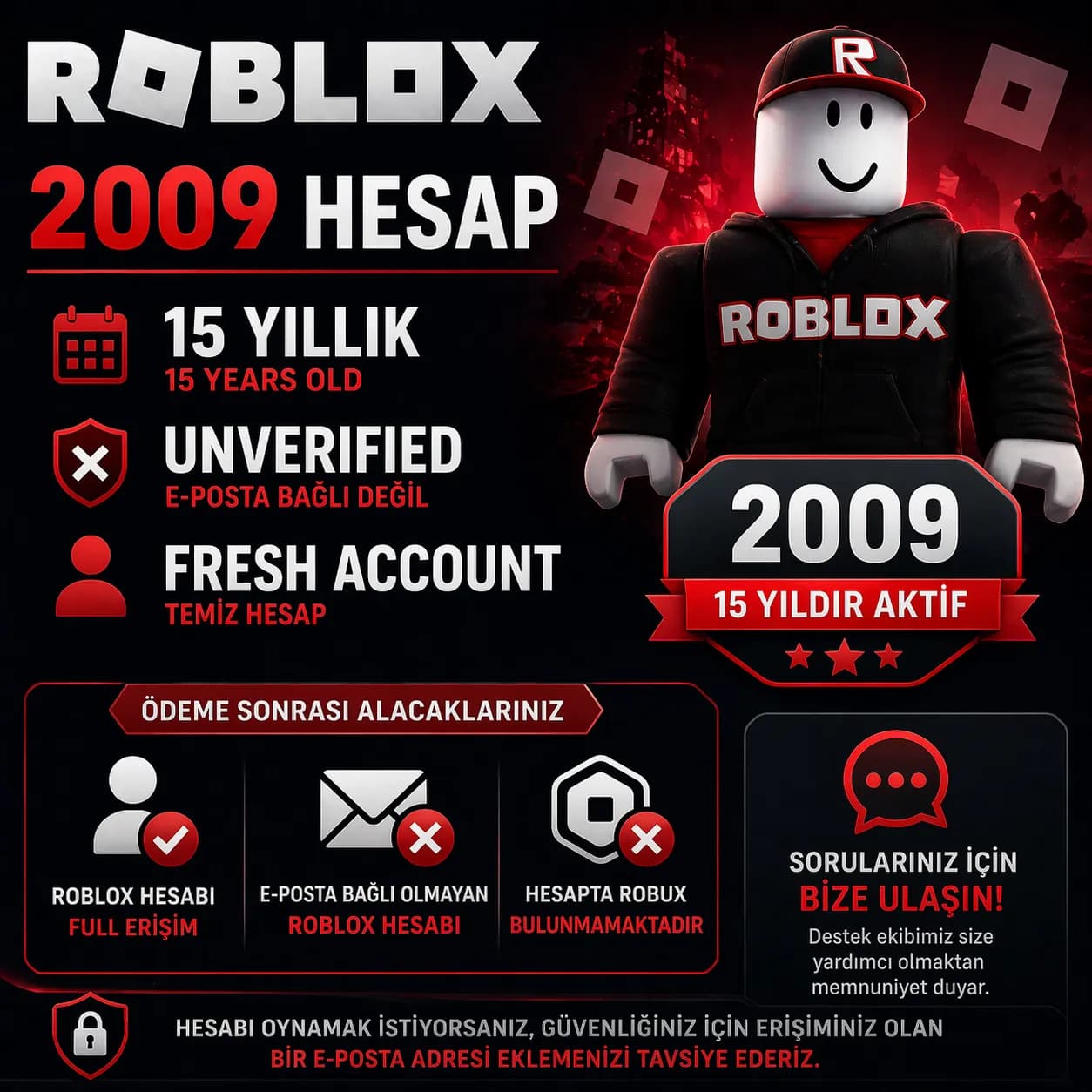 Roblox 2009 Hesap | 🗓️ 15 Yıllık | Unverified | Full Erişim