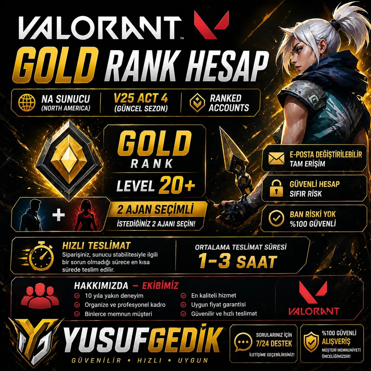 Valorant Gold Rank Hesap | NA Sunucu | Level 20+ | 2 Ajan Seçmeli
