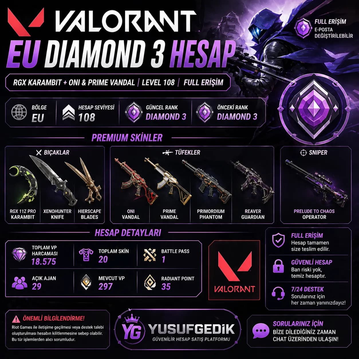 Valorant EU Diamond 3 Hesap | RGX Karambit + Oni & Prime Vandal