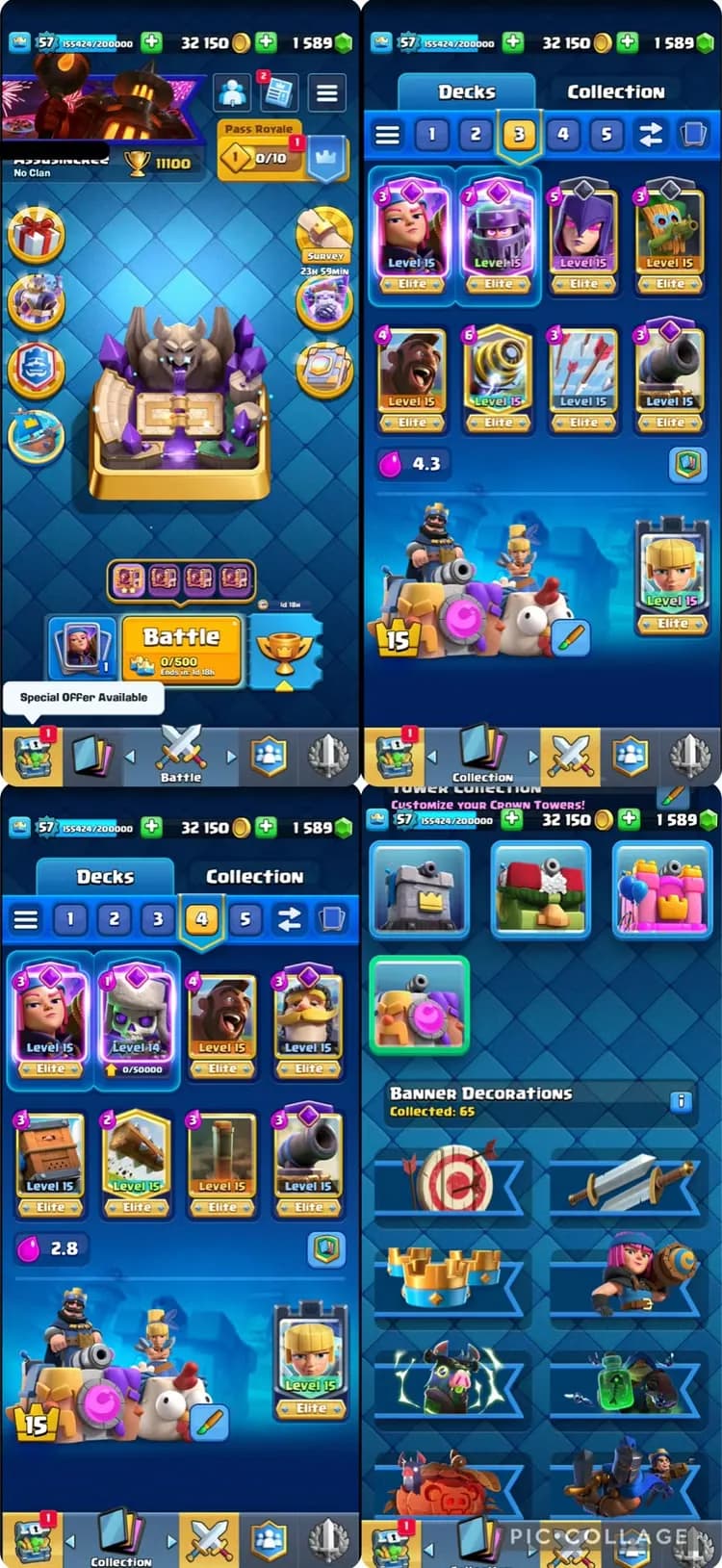 CR Global | 11.1K🏆 | KT15 | Lv57 | 120 Cards | 15 Elite | 78 Emotes