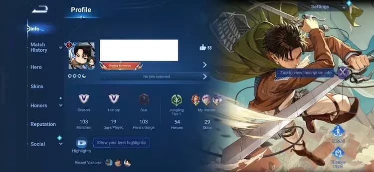 Global - lv52 - 54 Hero - 29 skin ( full Attack on Titan )